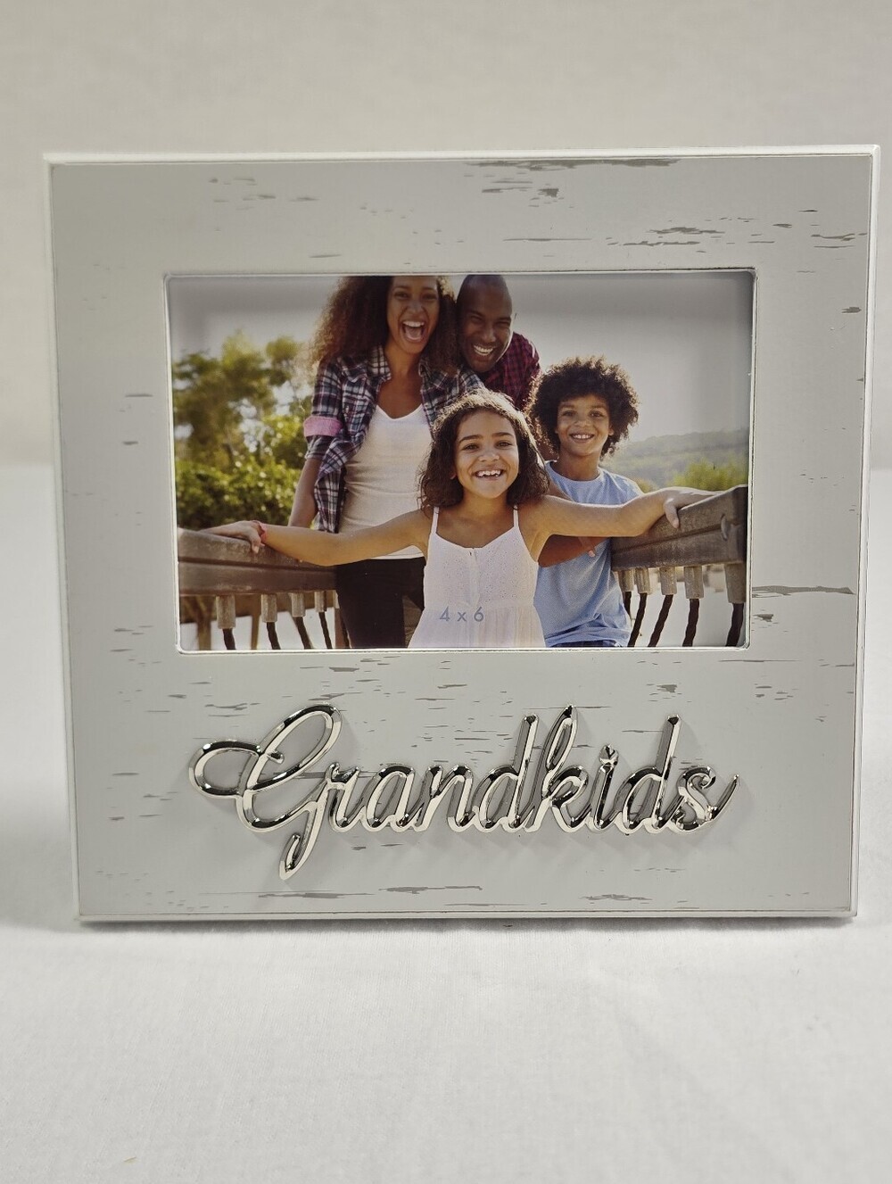 Grandkids White Wooden Picture Frame with Silver Script Accent Fits 4X6 Pic